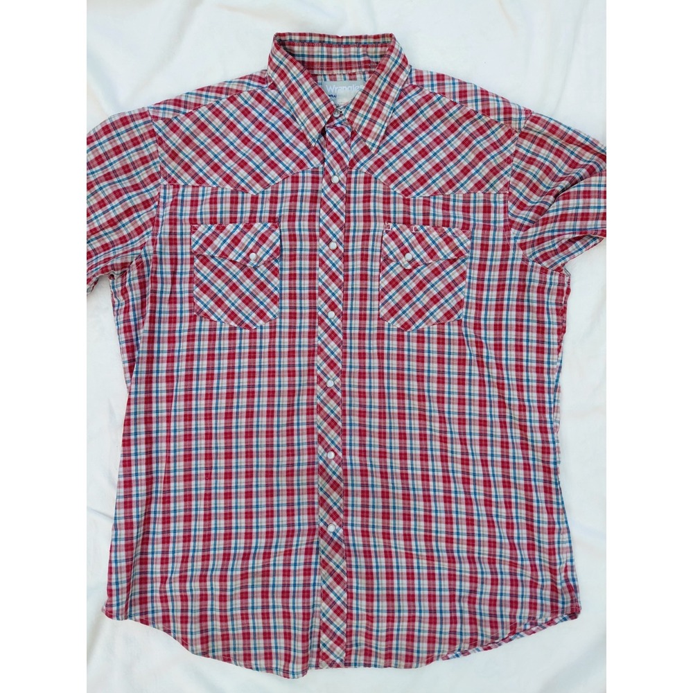 Vintage Wrangler Shirt Mens Large Plaid Short Sleeve Pearl Snap Western Cowboy